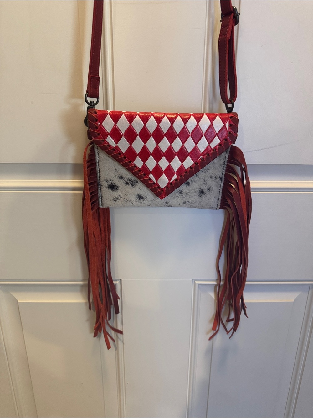 Red & White Diamond Fringe Crossbody Bag